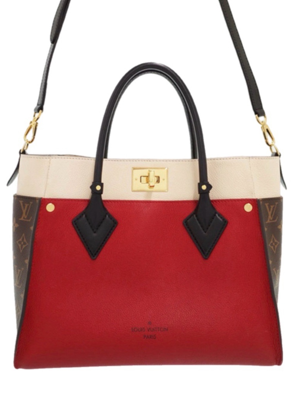 Authentic Louis Vuitton On My Side MM Red Calf Leather Monogram Tote Shoulder Ba - Picture 3 of 13